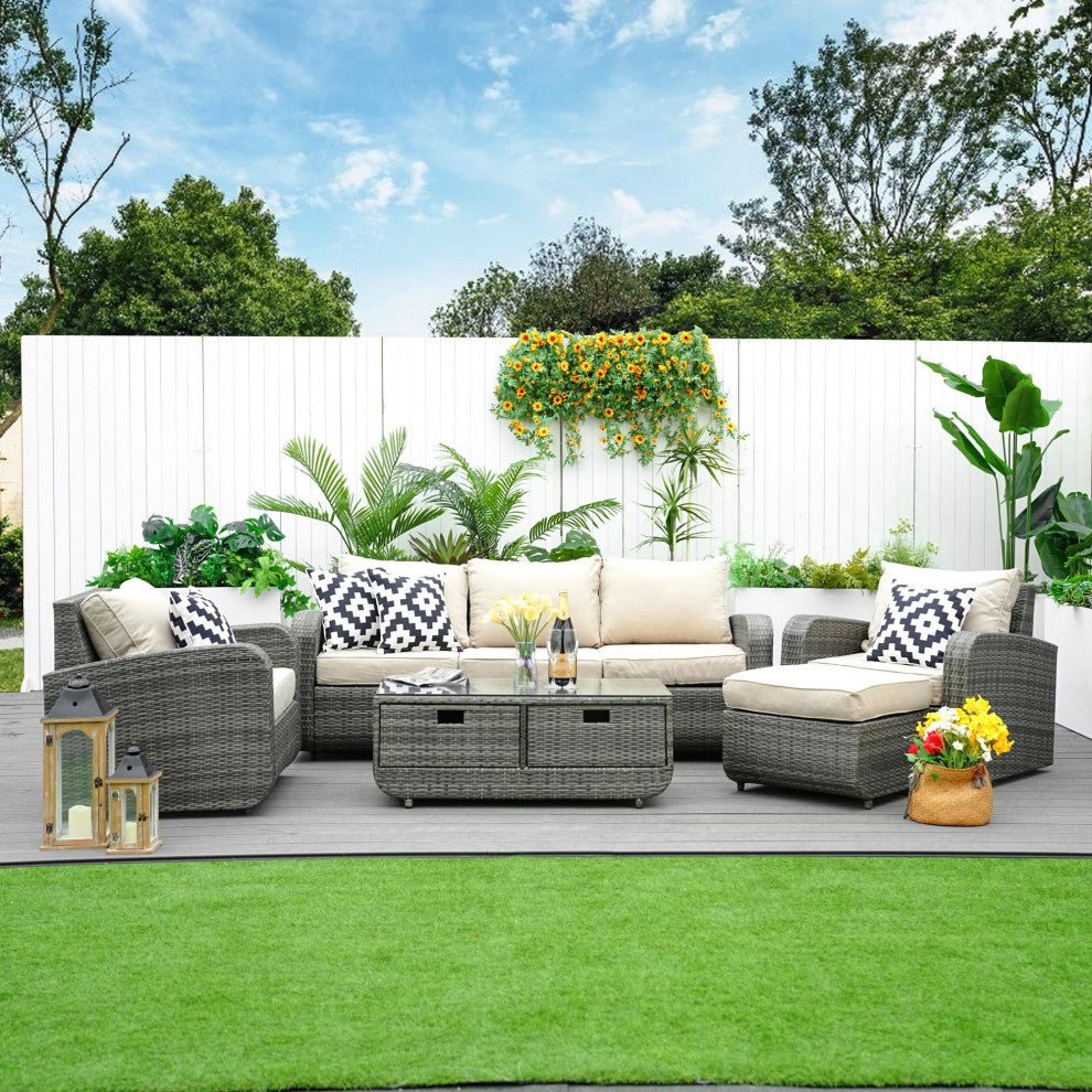 5-Piece Patio Wicker Cozy Conversation Seating Set, Grey Wicker