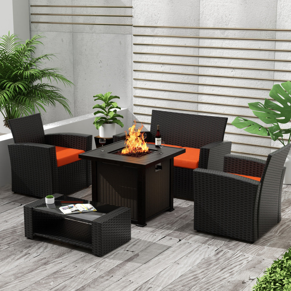 WestinTrends 5PC Outdoor Patio Wicker Conversation Set w/ Square Fire Pit, Black/Orange