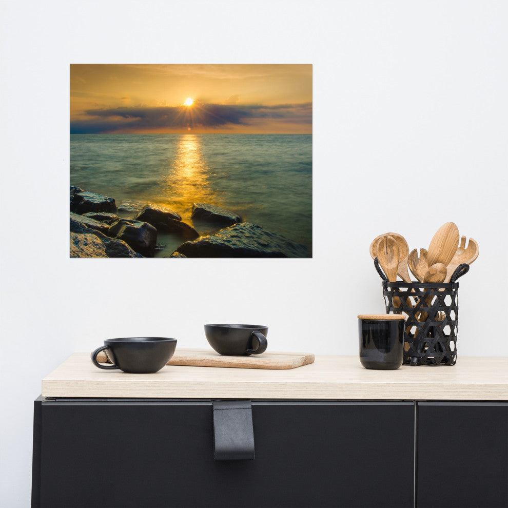 Sunset On Ocean, Sea, Beach Landscape Photo Unframed Wall Art Print, 16" X 20"