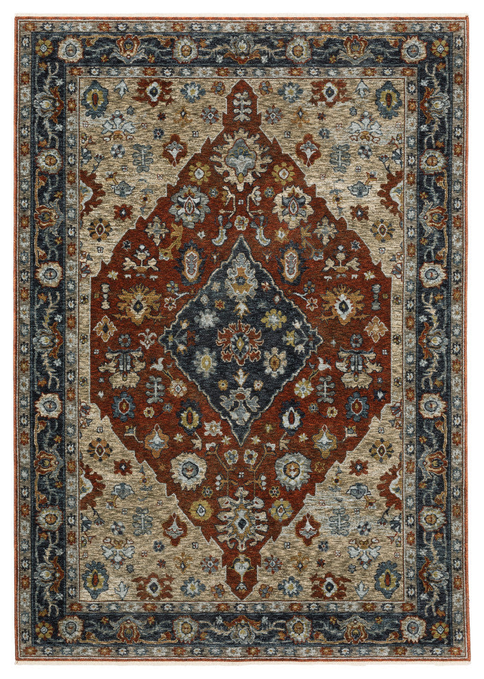 Augustus Vintage Medallion Rust/ Blue Indoor Area Rug, Red, 5'3"x7'6"
