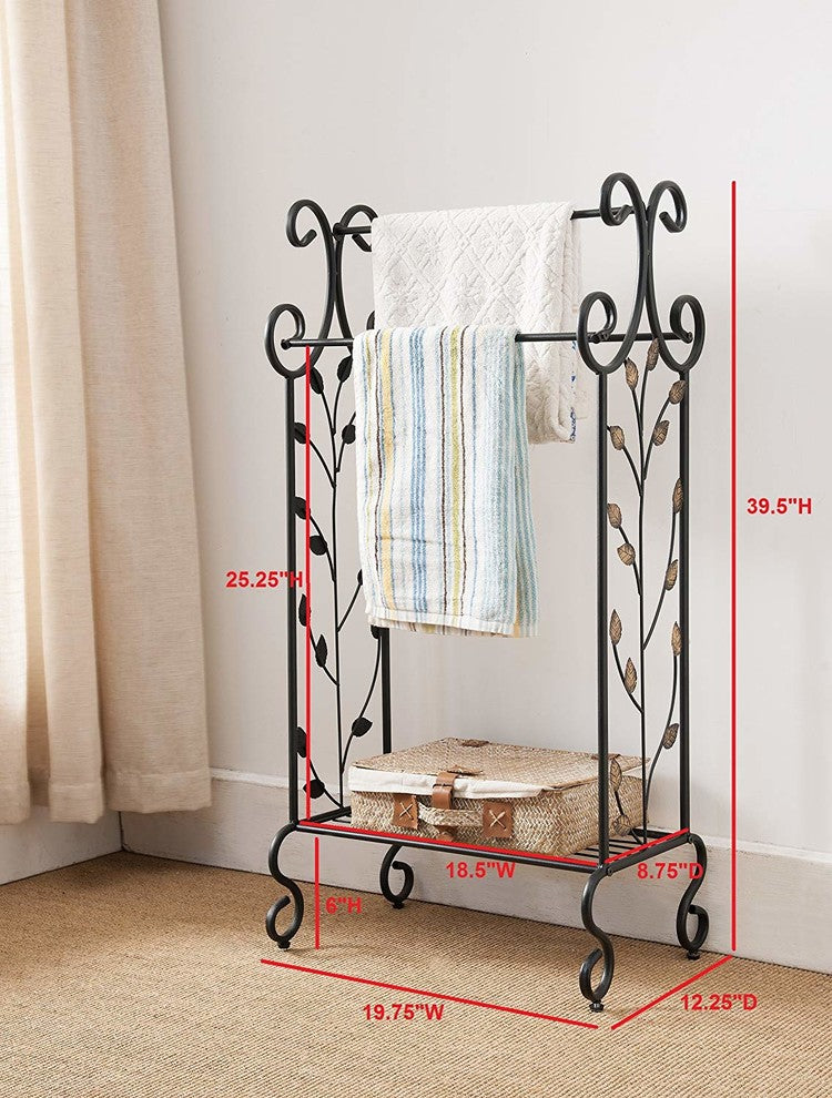 Benzara Gold Leaves Metal Towel Rack Stand With Shelf, Black