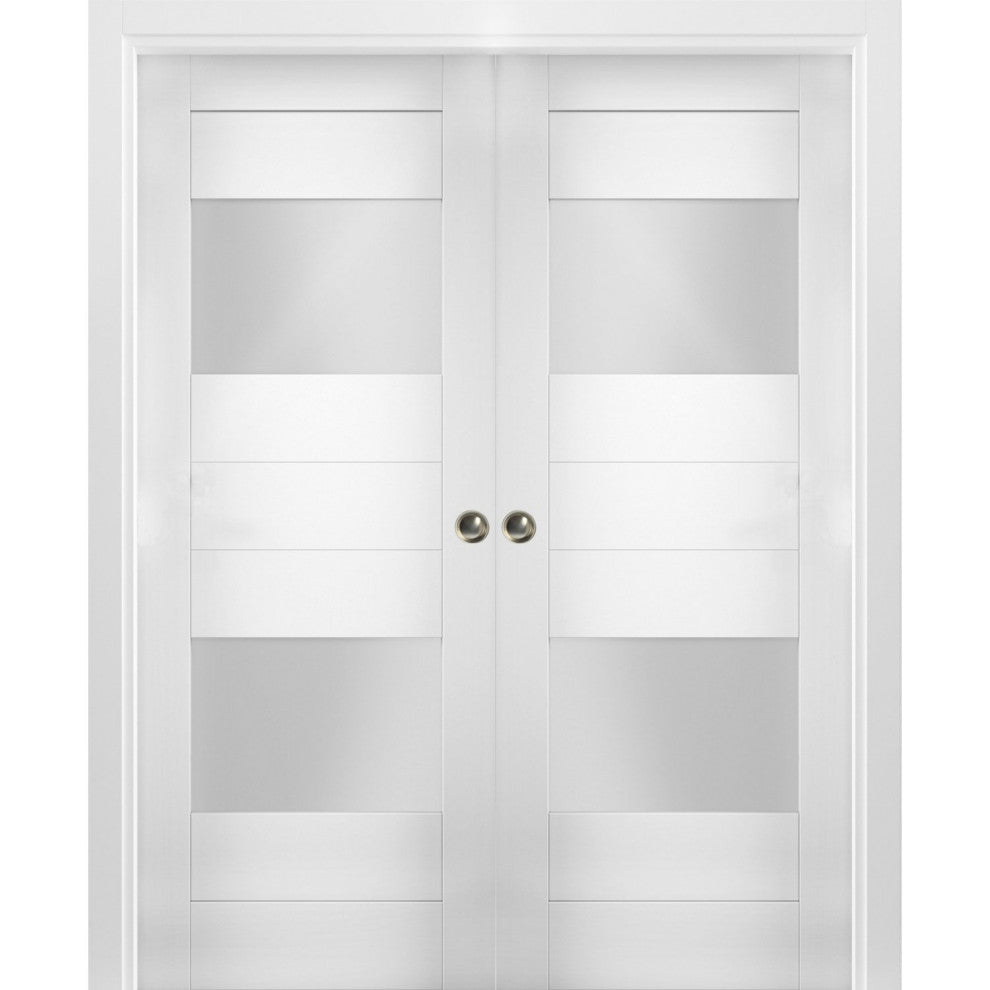 Interior Double Pocket Doors 84x80 in Opaque Glass | Sete 6222 White Silk