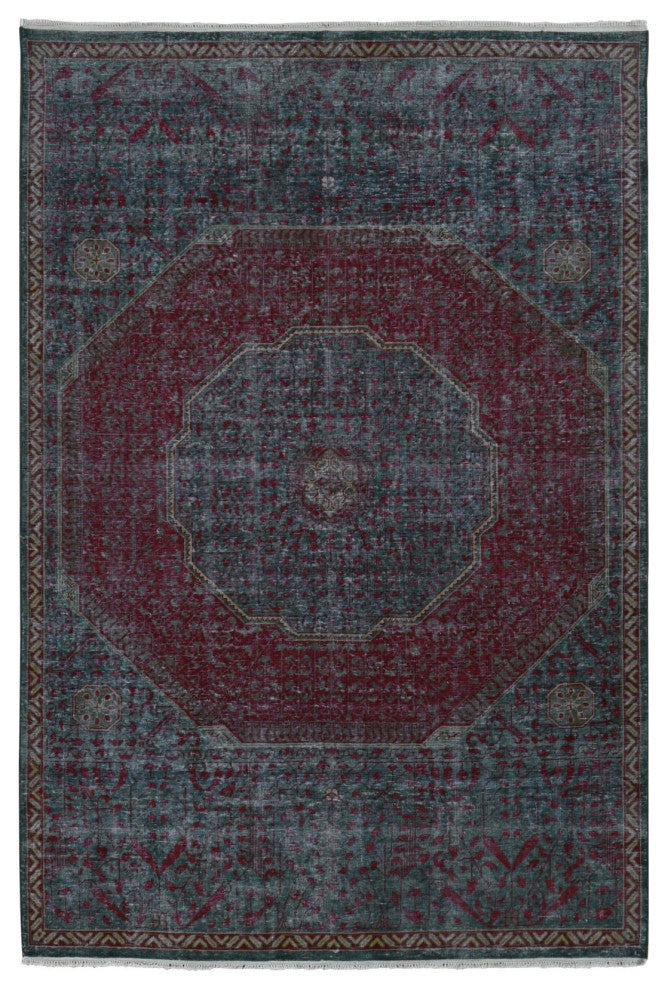 Green, Vintage Look Mamluk, Zero Pile, Worn Wool, Hand Knotted Rug, 6'x9'