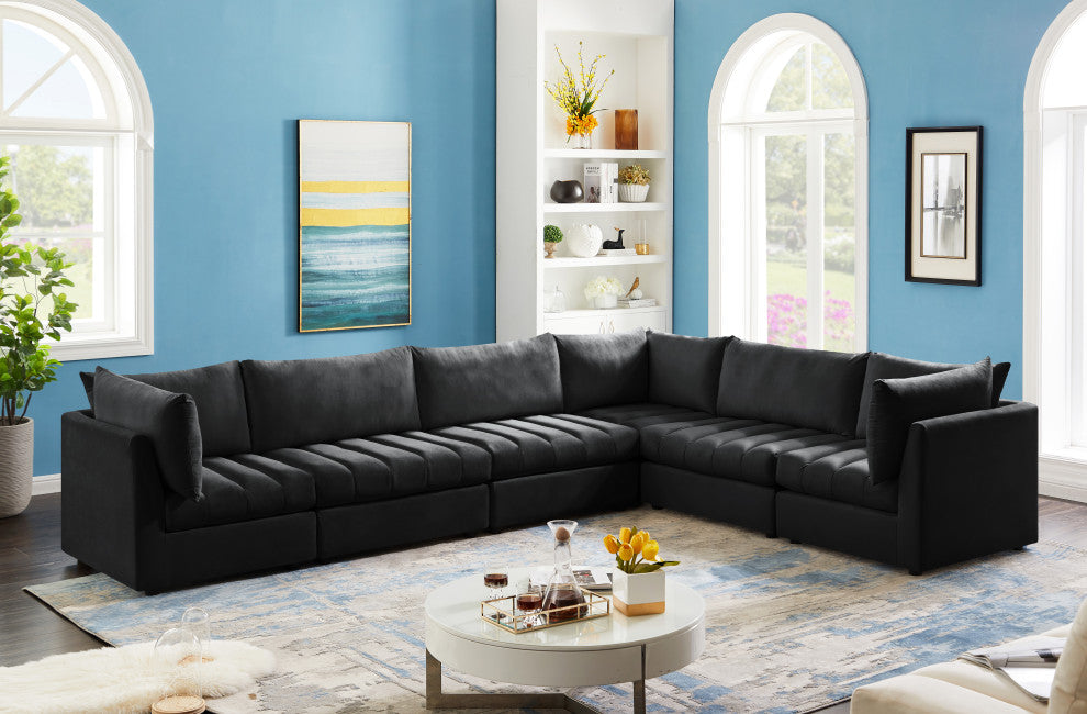 Jacob Velvet Upholstered 6-Piece L-Shaped Modular Sectional, Black