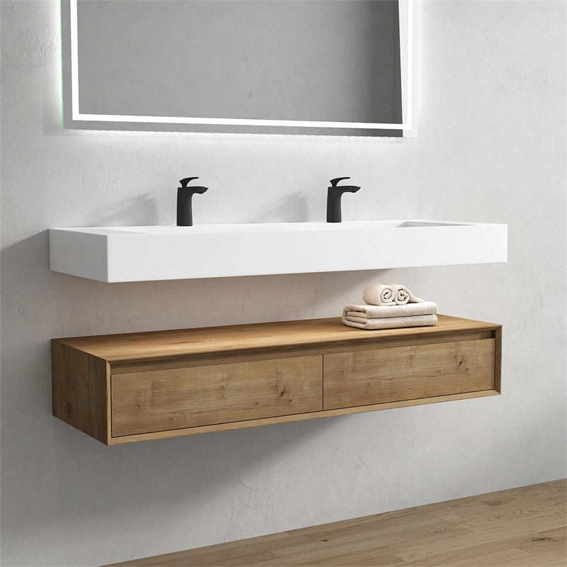 Alysa 60'' Floating Vanity, Acrylic Sink, Double Faucet Hole, White Oak