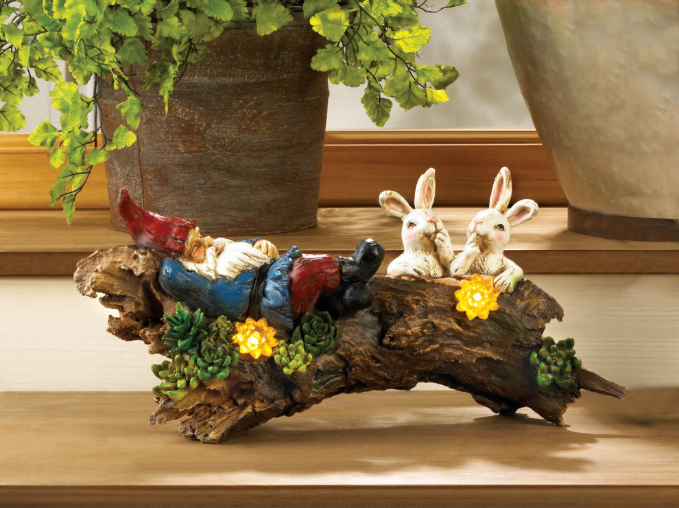 Sleeping Gnome With Bunnies Solar Statue