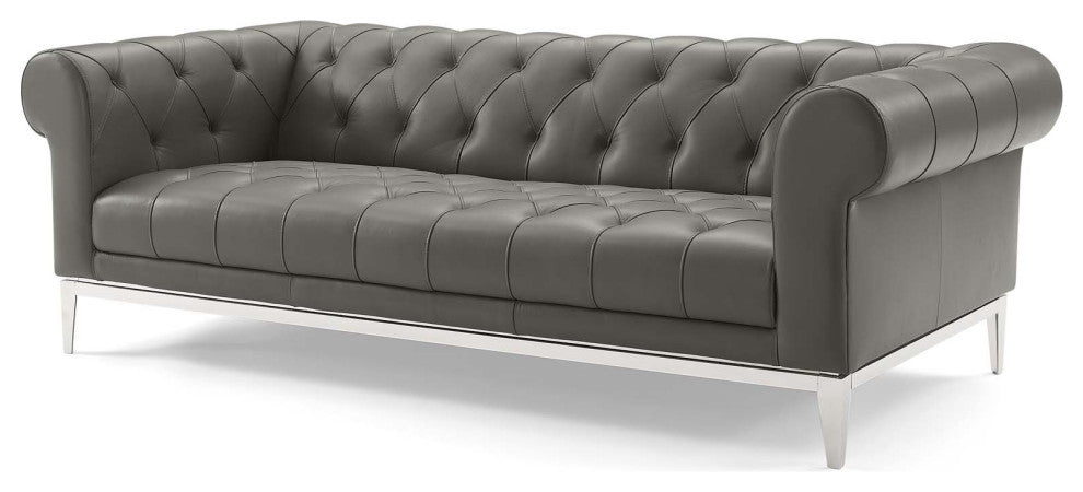 Tufted Armchair and Sofa Set, Leather, Gray, Modern, Lounge Hospitality