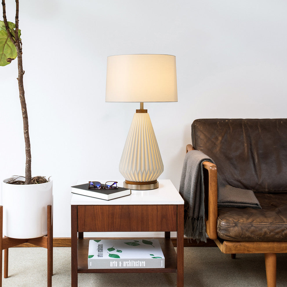 Concord Bone Porcelain Table Lamp - 28", White and Walnut, 4-Way Rotary Switch
