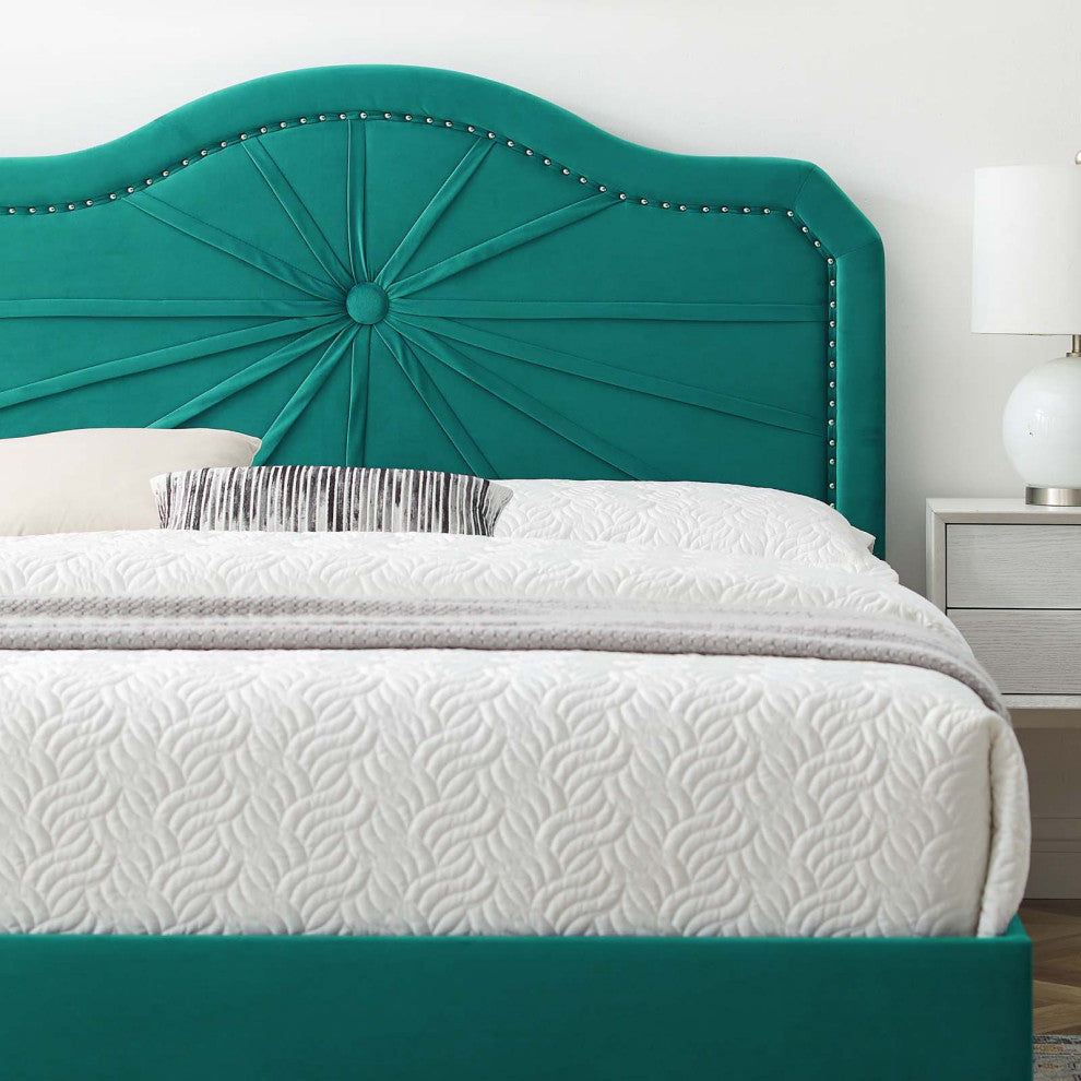 Platform Bed Frame, Queen Size, Velvet, Teal Blue, Modern Contemporary, Bedroom