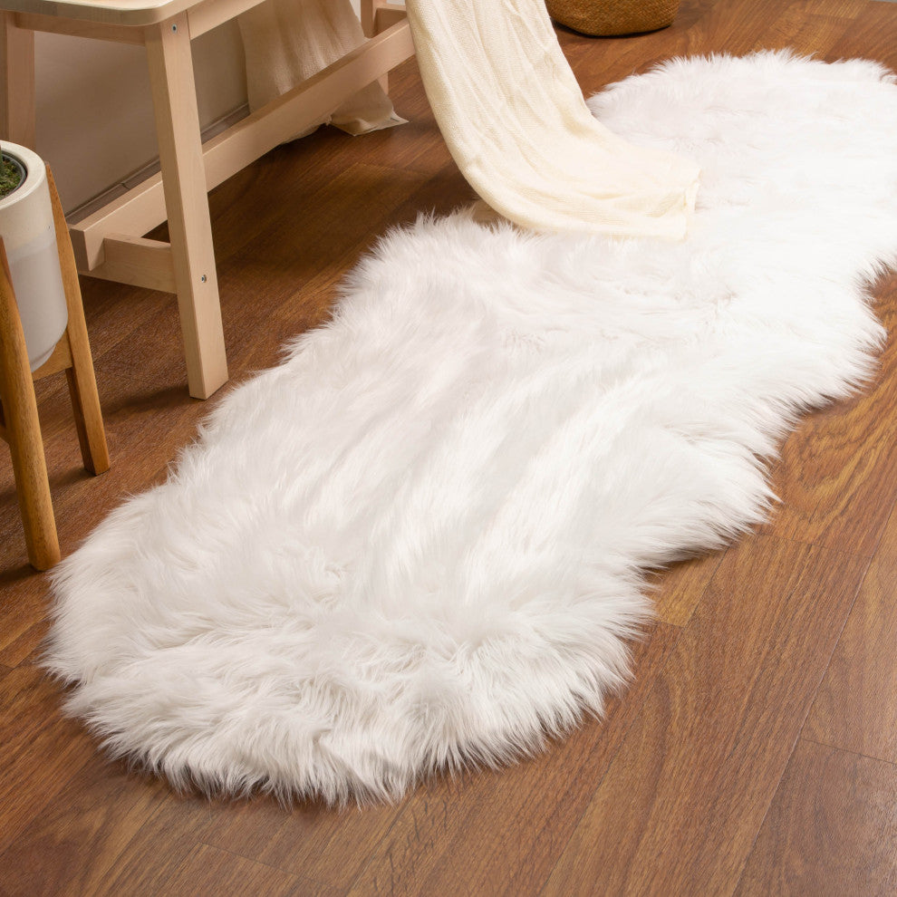 Plush and Soft Faux Sheepskin Fur Shag Area Rug, White, 2' X 6' Shaped