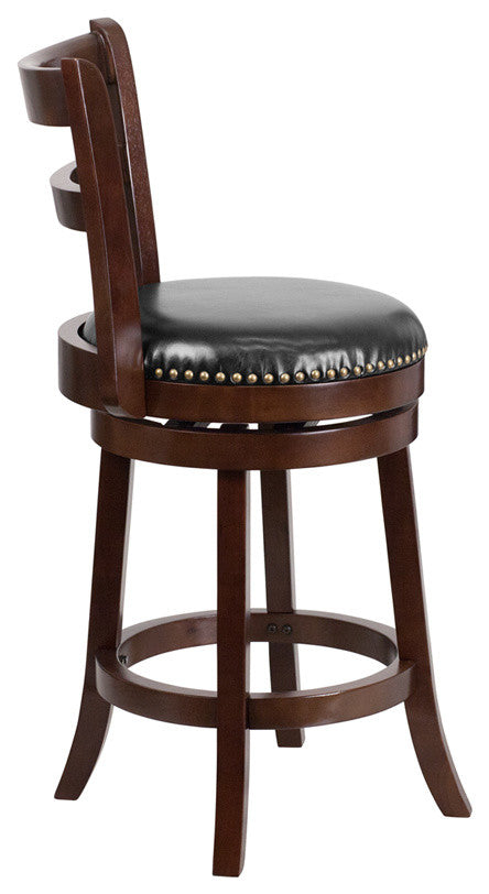 Dyersburg 26" Wood Counter Stool Cappuccino, Black Leather Swivel Seat