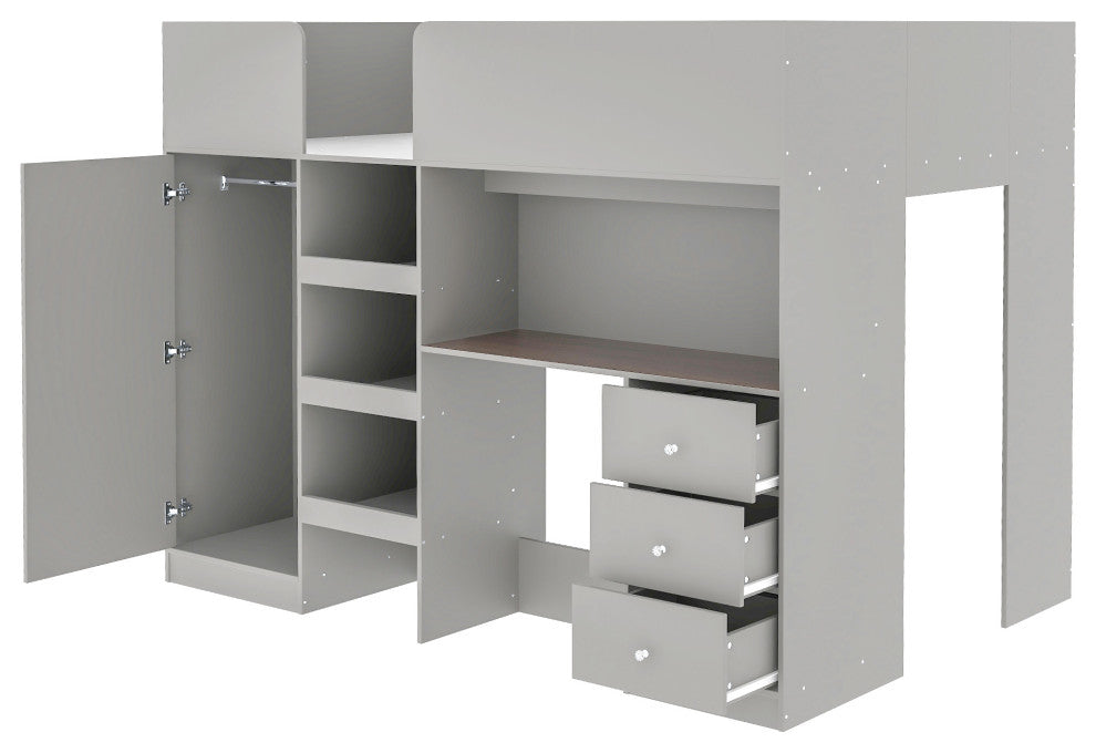 Gewnee Wood Full Size Loft Bed with Built-in Wardrobe