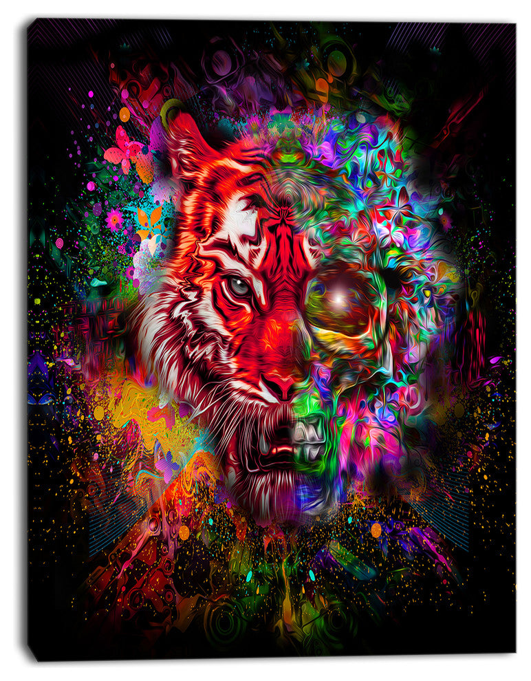 Colorful Tiger Head with Half Skull, Abstract Wall Art Canvas, 30"x40"