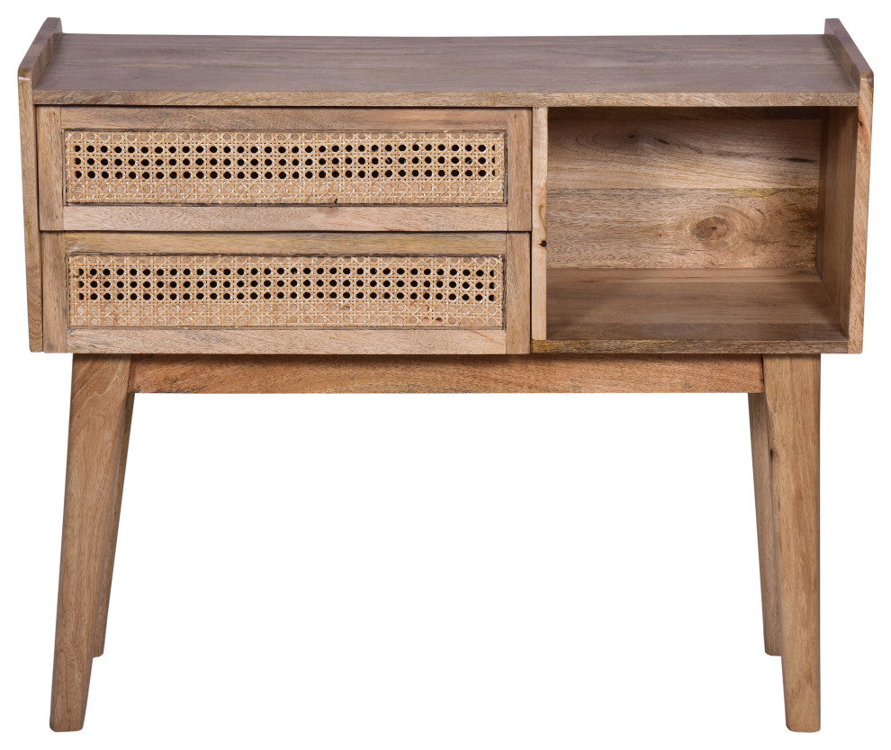 Benzara UPT-272542 2 Drawer Mango Wood Rectangular Console Table, Natural Brown