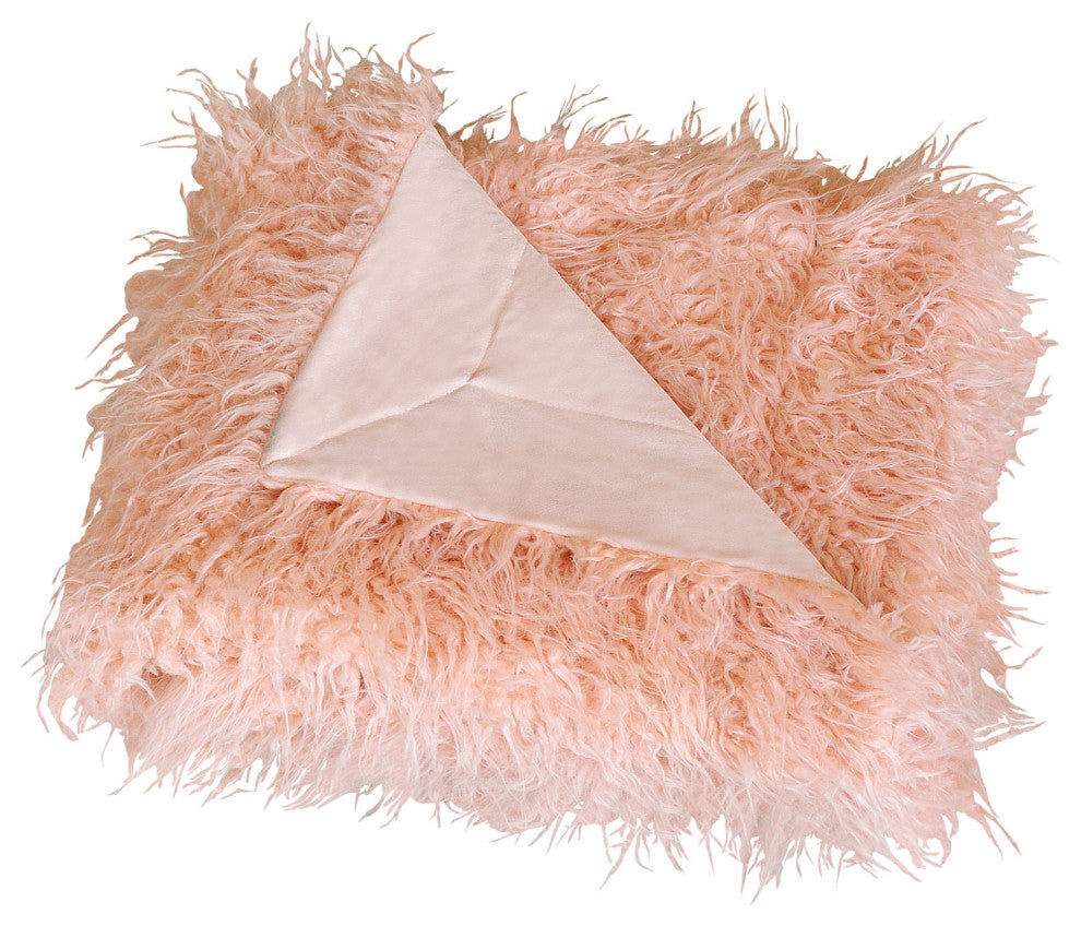 Mongolian Faux Fur 3 Piece Throw Blanket and Pillow Shell Set, Rose, 50"x60"
