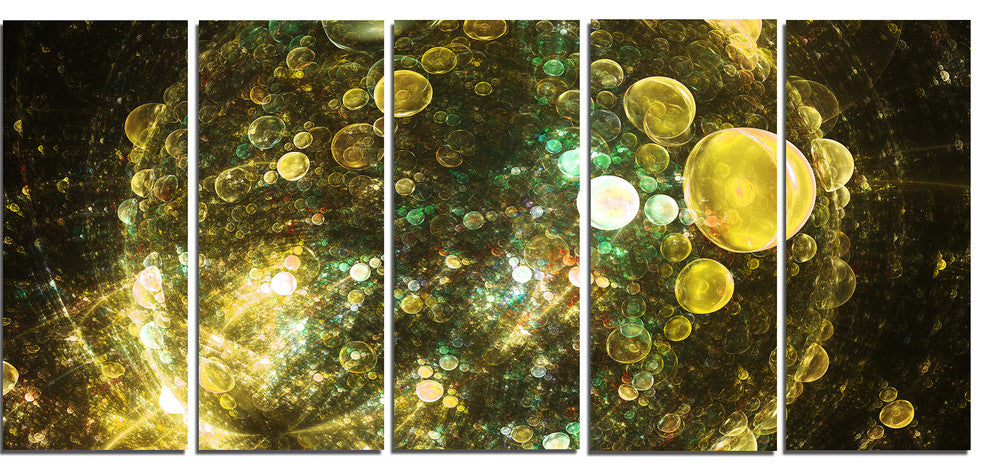 Yellow Spherical Planet Bubbles, Abstract Canvas Art Print, 60"x28", 5 Panels