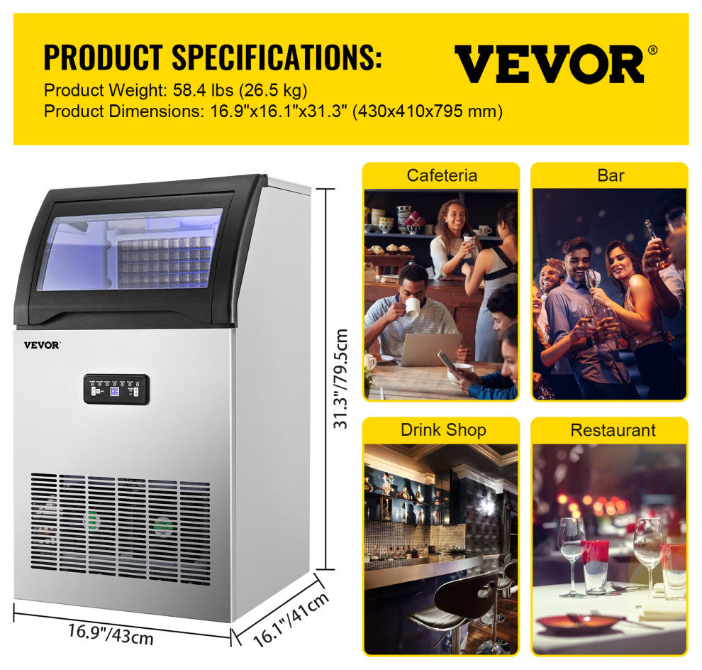 Vevor Commercial Ice Maker Machine Stainless Steel Ice Cube Maker, 121lb/24h