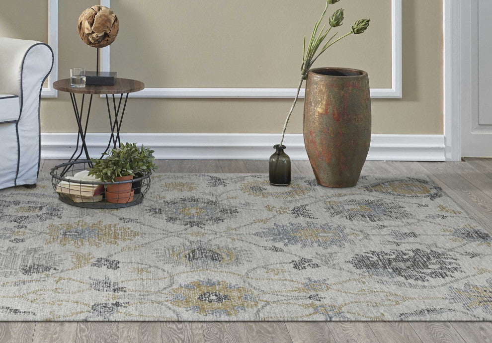 HomeRoots Ivory Machine Woven Traditional Floral Vines Octagon Indoor Area Rug