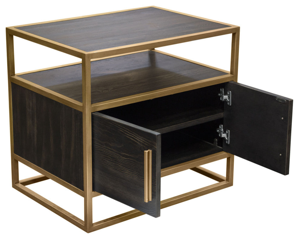 Empire 2-Door End Table, Dark Brown Veneer With Hand brushed Gold Metal Frame