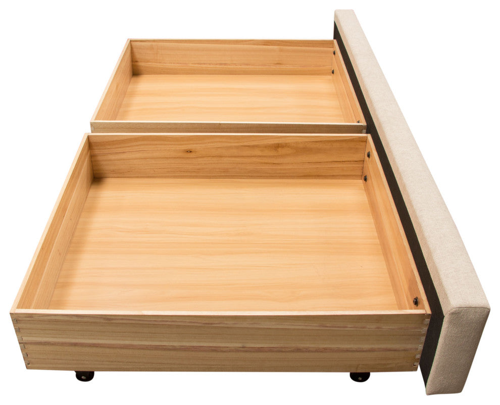 Queen Bed With Integrated Footboard Storage Unit and Accent Wings, Sand Fabric