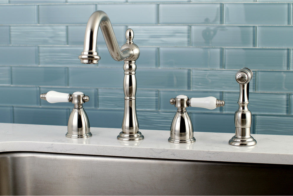 Kingston Brass Widespread Kitchen Faucet With Brass Sprayer, Brushed Nickel