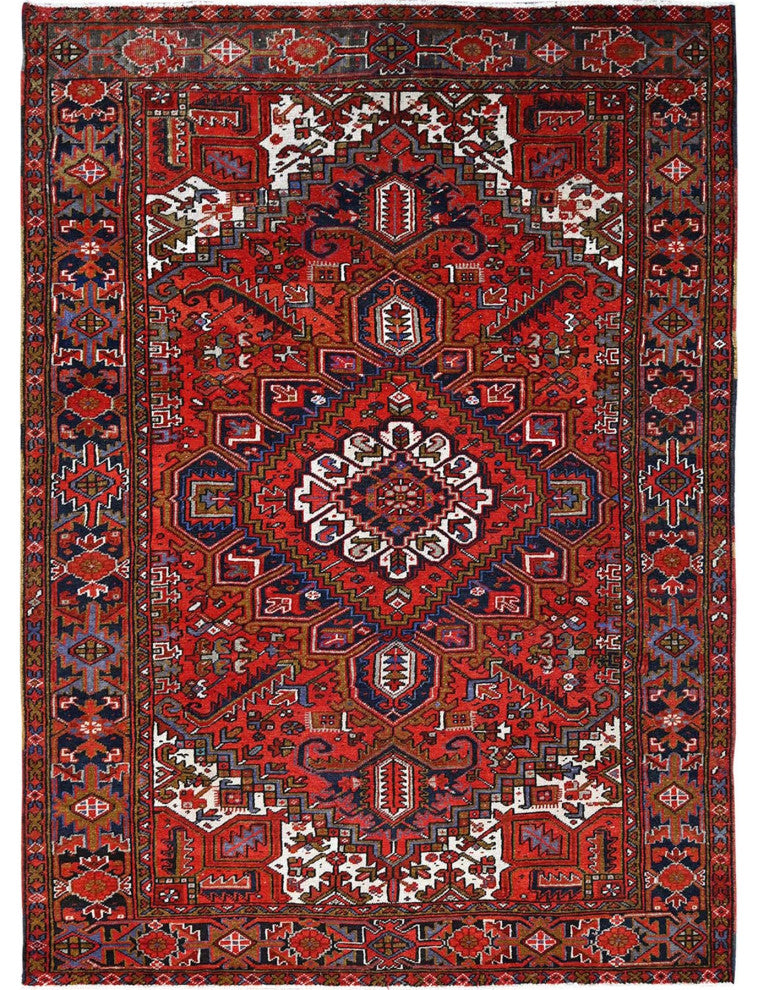 Raspberry Red Worn Wool Hand Knotted Semi Antique Persian Heriz Rug 7'9"x11'