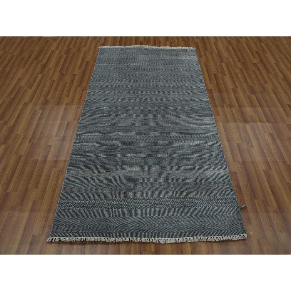Charcoal Gray Tone on Tone Wool and Silk Hand Knotted Wide Runner Rug, 3'10"x7'