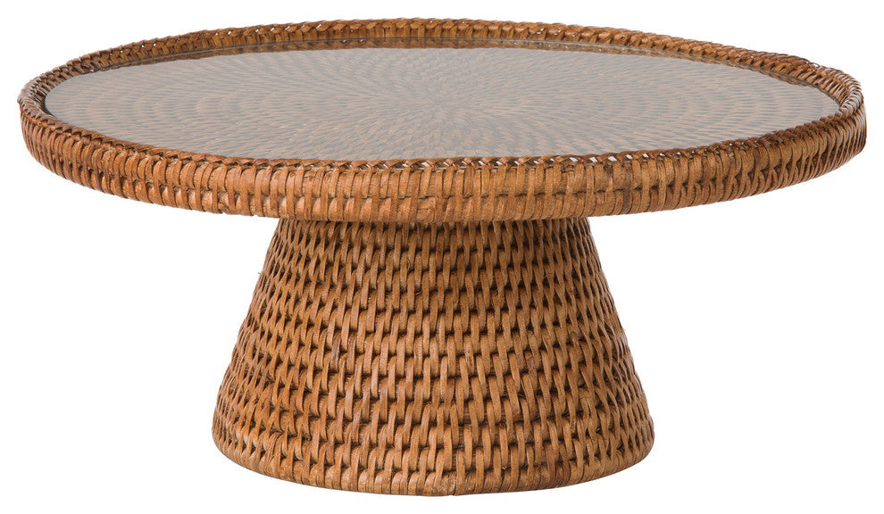 La Jolla Rattan Cake stand With Glass Top, Honey Brown