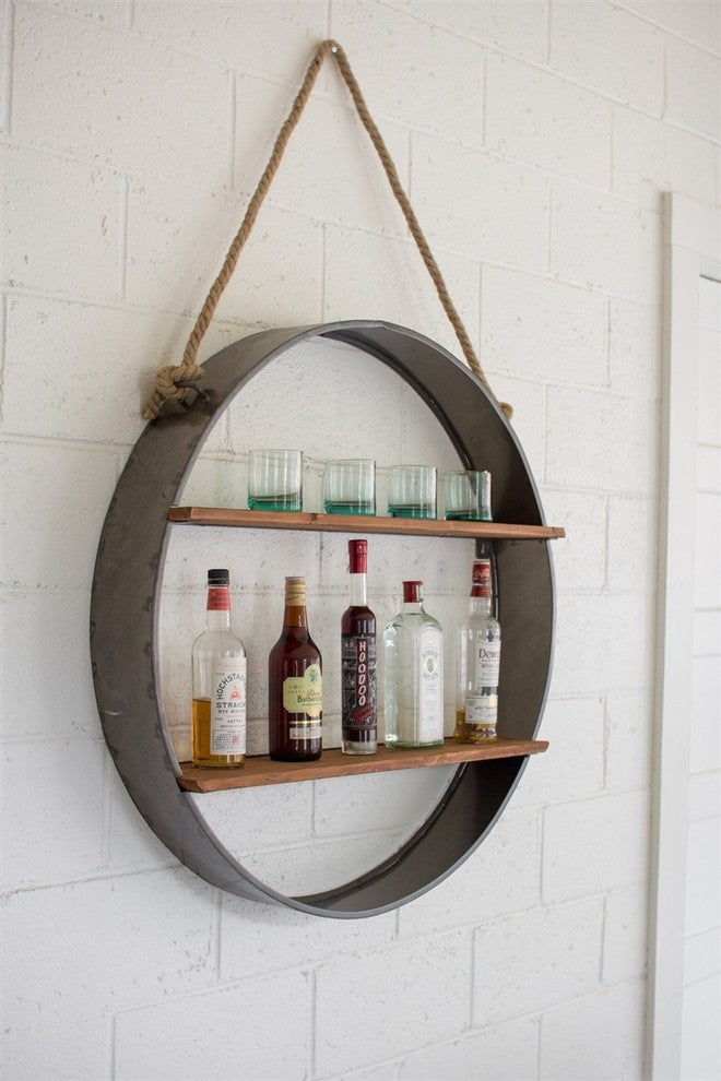 CIRCLE IRON AND WOOD HANGING WALL SHELF