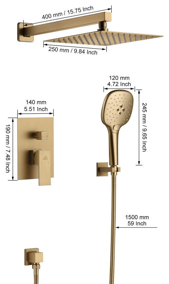 CASAINC 10" Wall Mounted 3 Spray Handheld Rainfall Luxury Shower System Set, Brushed Gold