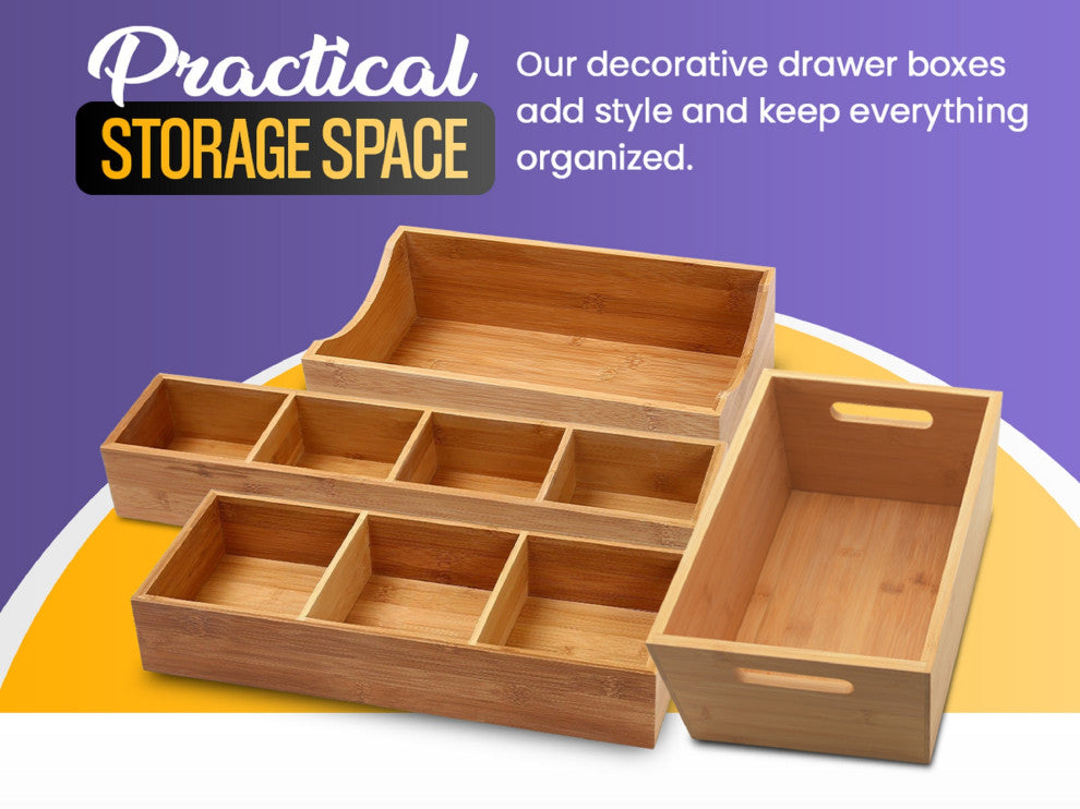 YBM HOME Bamboo 4 Compartment Organizer Tray for Drawers