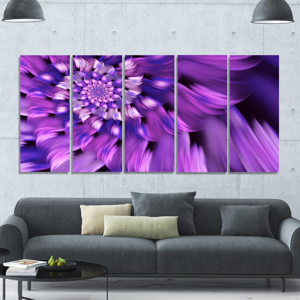Blue Flower Shaped Fractal Art, Floral Canvas Art Print, 60"x28", 5 Panels