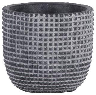 Cement Round Decorative Pot With Engraved Square Lattice Tapered Bottom, Small