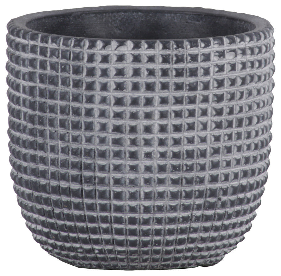 Cement Round Decorative Pot With Engraved Square Lattice Tapered Bottom, Small