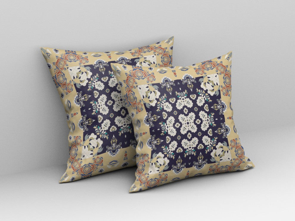 20" Yellow Navy Rose Box Indoor Outdoor Zippered Throw Pillow