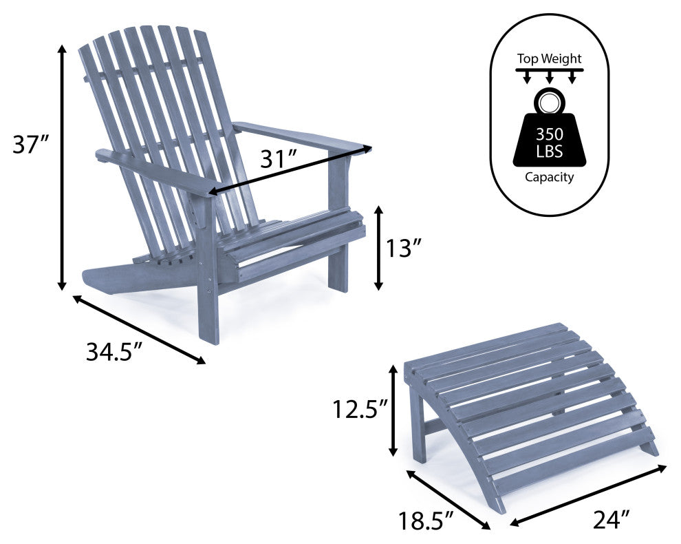 2-Piece Traditional Rustic Acacia Wood Adirondack Chair With Detachable Ottoman