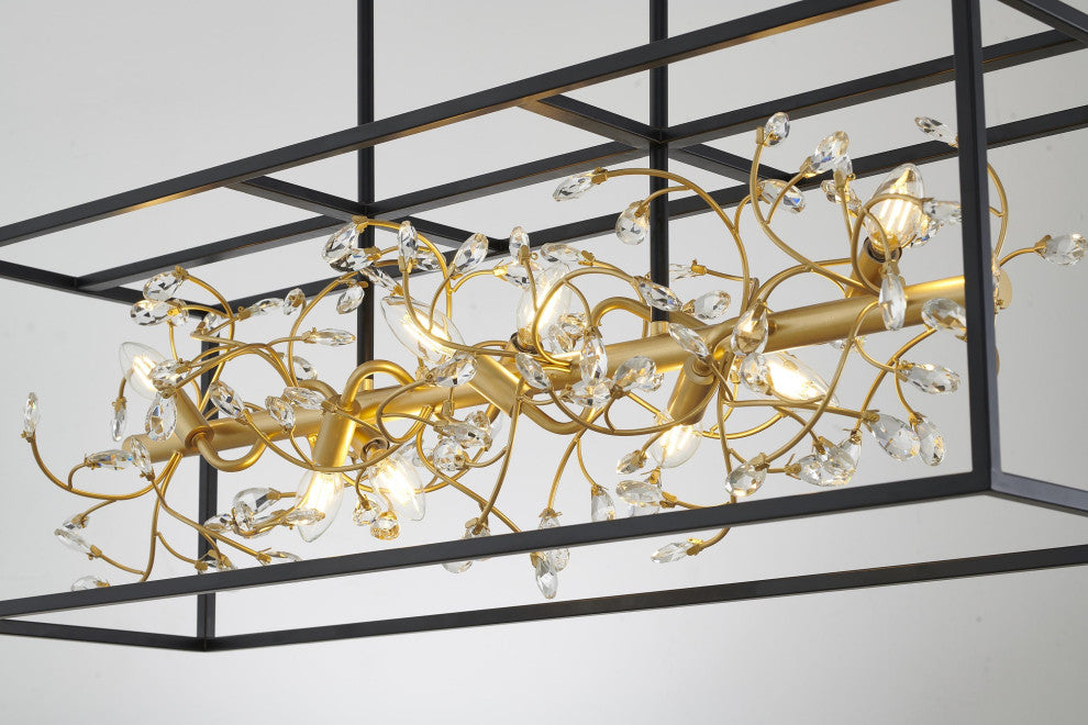 8-Light Black Chandelier With Gold Branch And Clear Crystal Accents