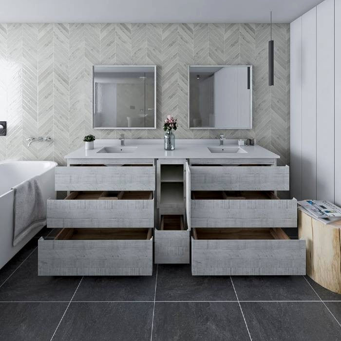 Fresca Formosa 84" Rustic White Double Sink Vanity Set, Faucet Fft3811ch