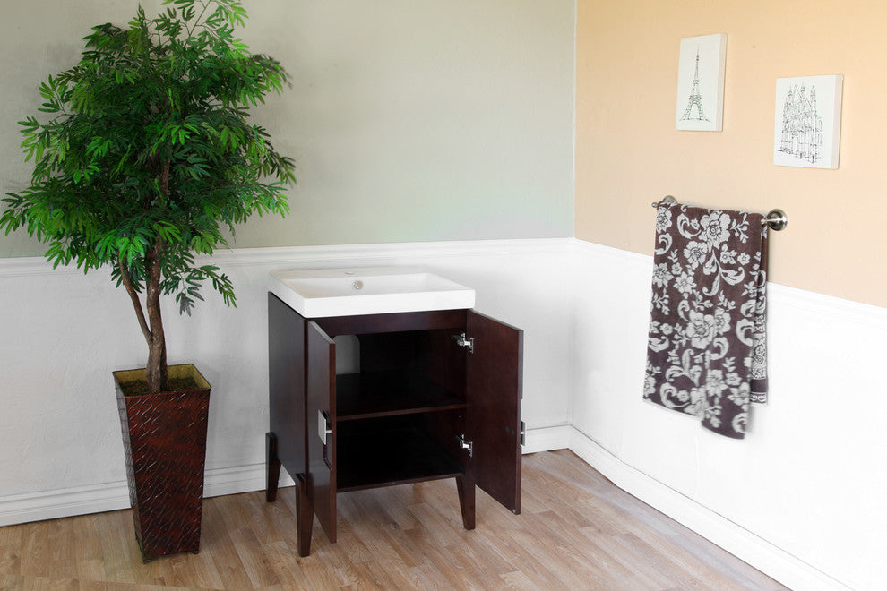 Perth Single Sink Wood Vanity, Walnut With Ceramic Vanity Top, White