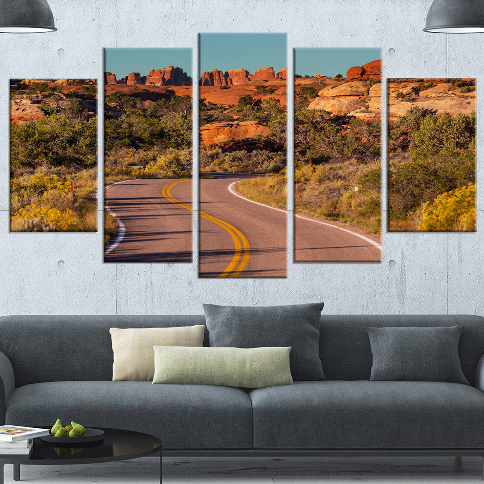 Road in Rocky American Prairie, Landscape Canvas Art Print, 60"x32", 5 Panels