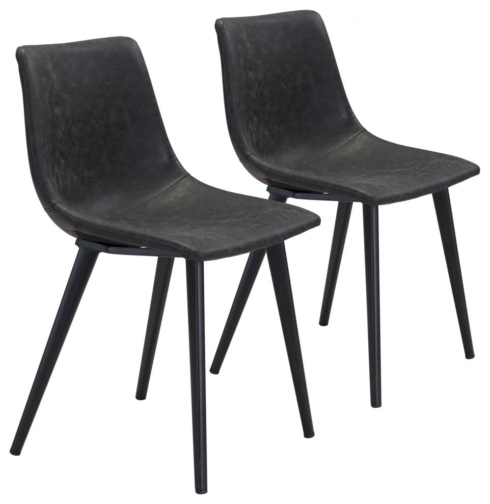 Set of Two Black Vintage Look Faux Leather Slight Scoop Dining Chairs