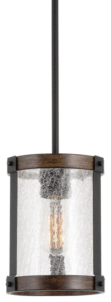 Kira Home Hadley 9" Farmhouse Pendant Light, Crackled Glass Shade, Wood Style