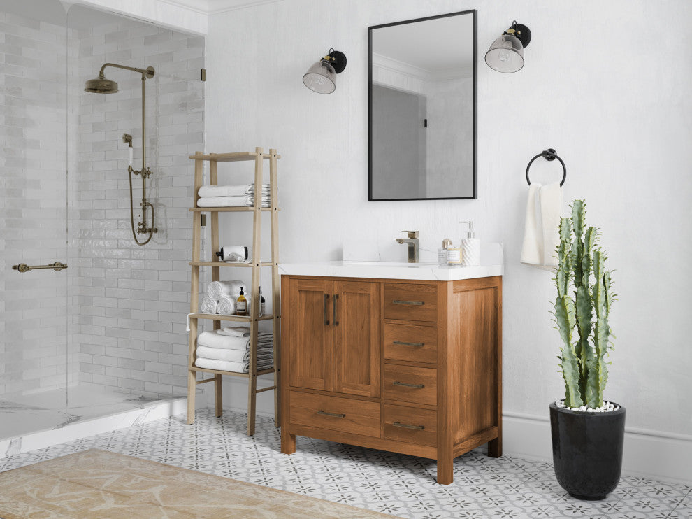 Malibu Teak 36 Center Sink Bath Vanity in Golden Teak  2" Calacatta Laza