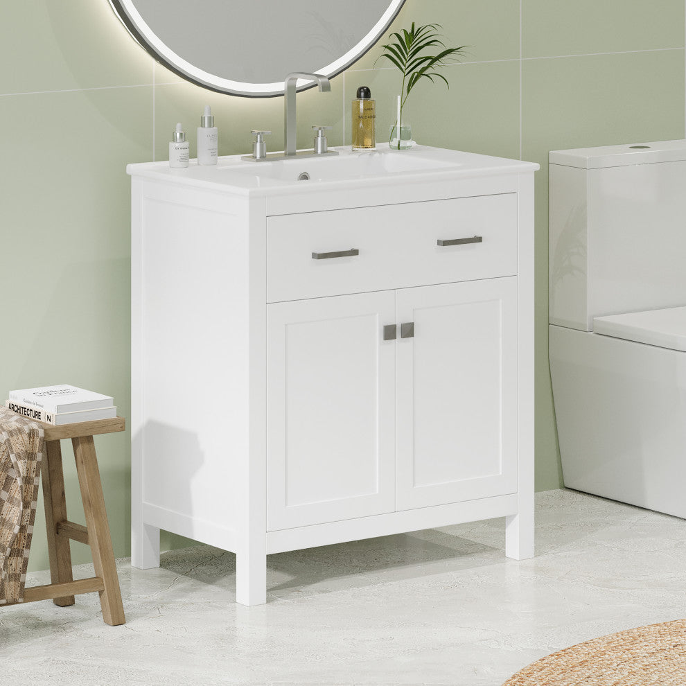 30 Inch Bathroom Vanity with Ceramic Sink, White