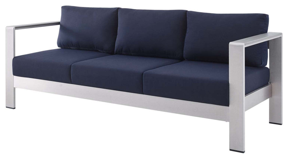 Sectional Sofa Chair Table Set, Sunbrella, Aluminum, Silver Blue Navy, Outdoor