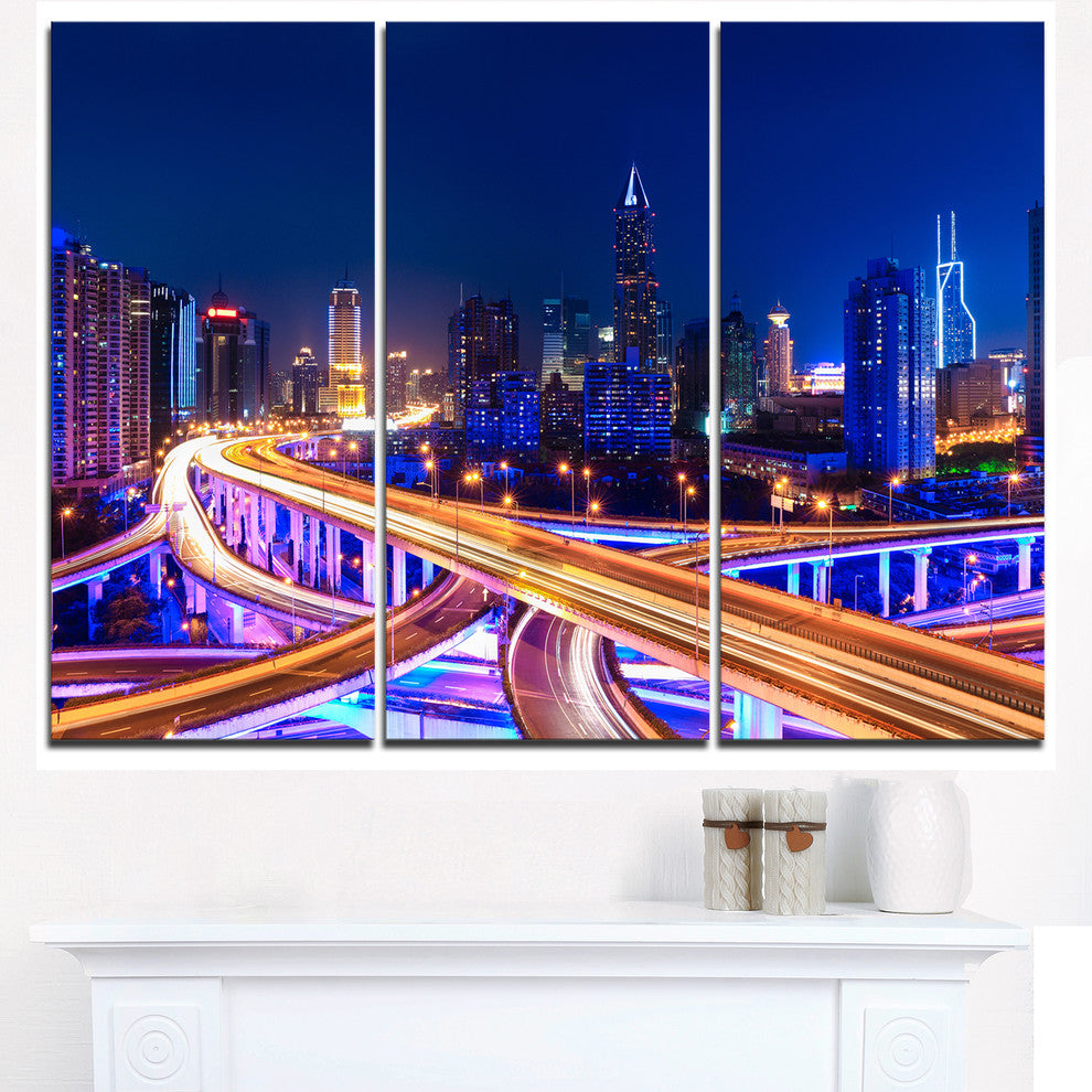 "Interchange Overpass at Night Skyline" Metal Wall Art, 3 Panels, 36"x28"