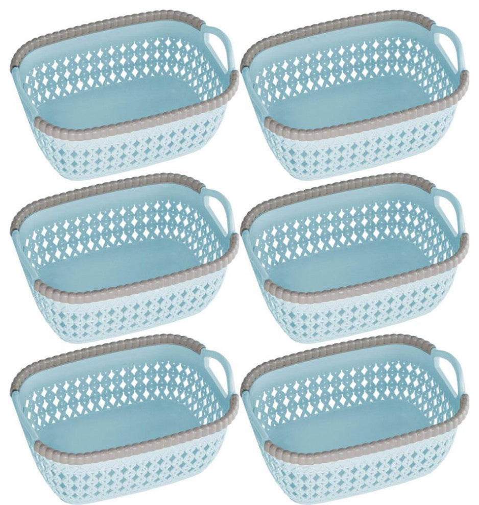 Rattan Plastic Weave Storage Bin, Blue, Small, 6-Pack