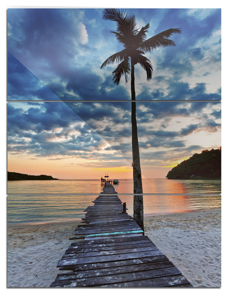 "Wooden Pier and Palm Tree" Photo Metal Wall Art, 3 Panels, 28"x36"