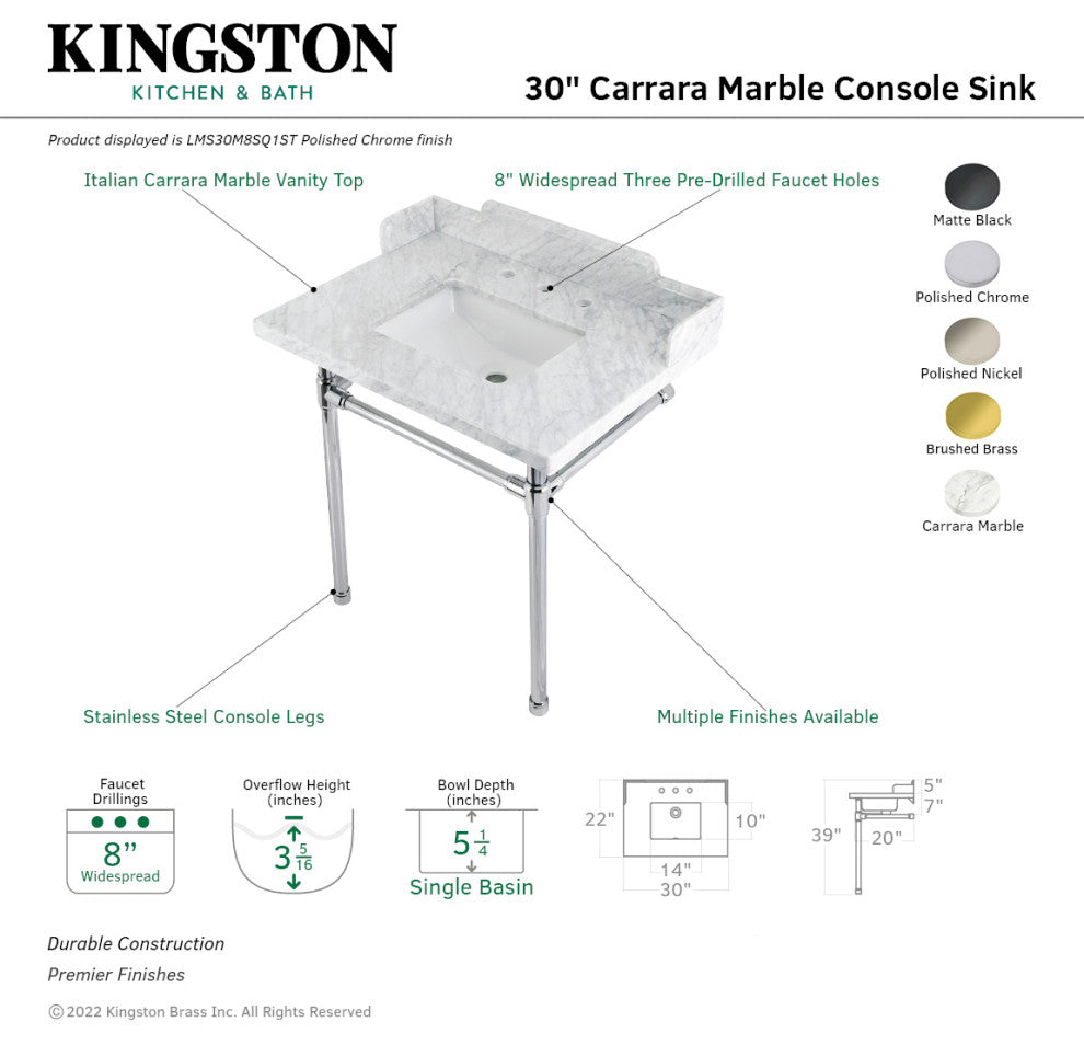 Kingston Brass LMS30M8SQ1ST 30" Carrara Marble Console Sink, Legs