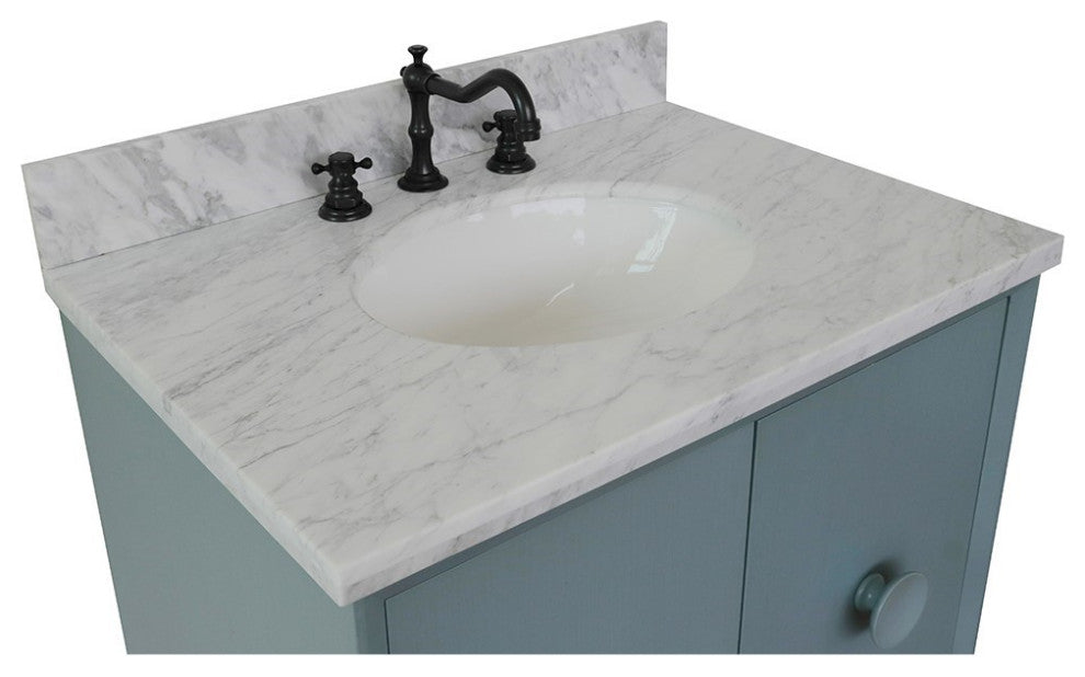 31" Single Wall Mount Vanity, Aqua Blue Finish With White Carrara Top